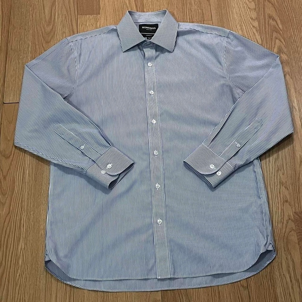 Bonobos Men’s 15.5x32 Medium Long Sleeve Button Up Shirt White Blue Striped